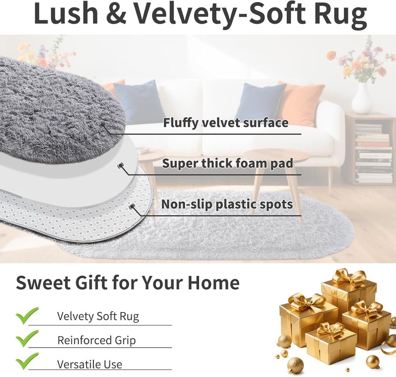 Noahas Fluffy Grey Rugs for Bedroom Living Room,2.6'X5.3' Oval Throw Rug for Kids Room,Shag Hallway Runner Rug,Small Soft Shaggy Bedside Non-Slip Plush Nursery Dorm Carpet Home Decor Aesthetic - Image 4