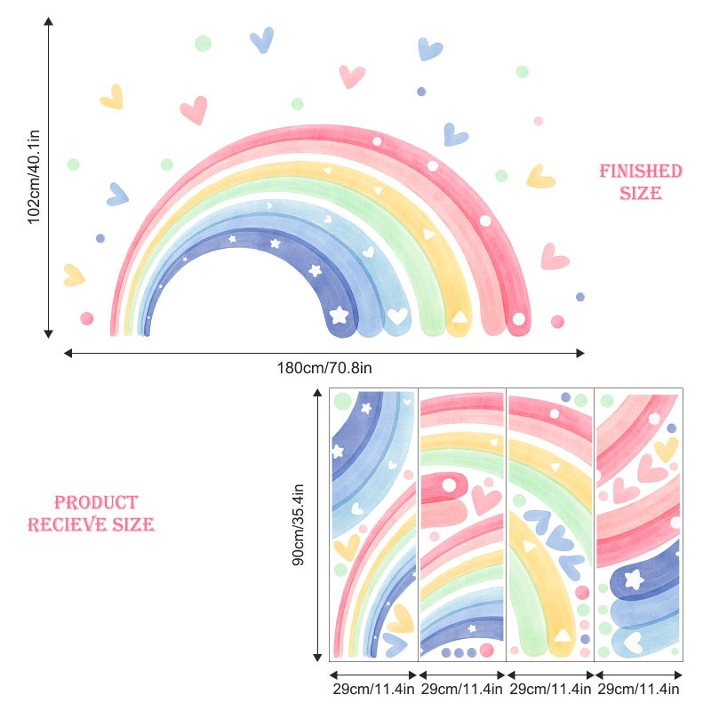 Supzone 59"x30" Rainbow Hearts Wall Decals for Girls Room Watercolor Rainbow Wall Stickers Peel and Stick Wall Art Decor for Kids Toddlers Bedroom Playroom Classroom - Image 4