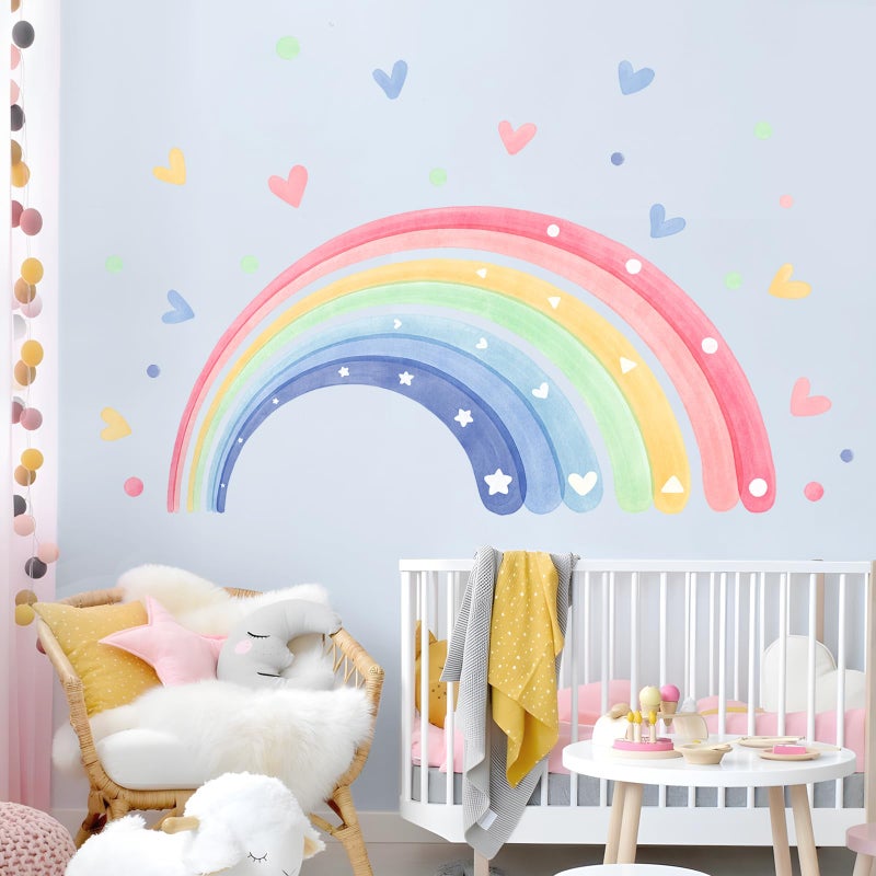 Supzone 59"x30" Rainbow Hearts Wall Decals for Girls Room Watercolor Rainbow Wall Stickers Peel and Stick Wall Art Decor for Kids Toddlers Bedroom Playroom Classroom - Image 2