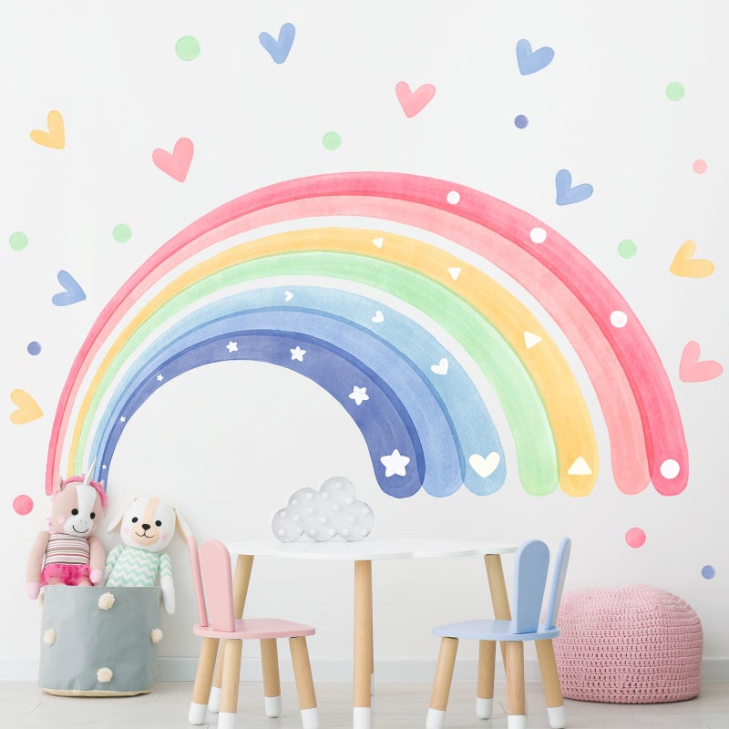 Supzone 59"x30" Rainbow Hearts Wall Decals for Girls Room Watercolor Rainbow Wall Stickers Peel and Stick Wall Art Decor for Kids Toddlers Bedroom Playroom Classroom - Image 1