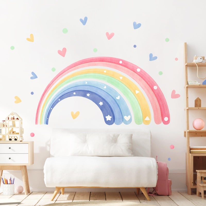 Supzone 59"x30" Rainbow Hearts Wall Decals for Girls Room Watercolor Rainbow Wall Stickers Peel and Stick Wall Art Decor for Kids Toddlers Bedroom Playroom Classroom - Image 3