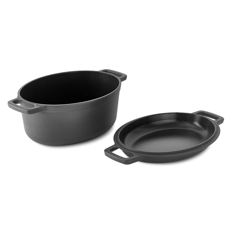 Dash DASH Zakarian by Dash 6 Qt Nonstick Cast Iron Double Dutch Oven Oval Pot with 2in1 Skillet Lid Black 