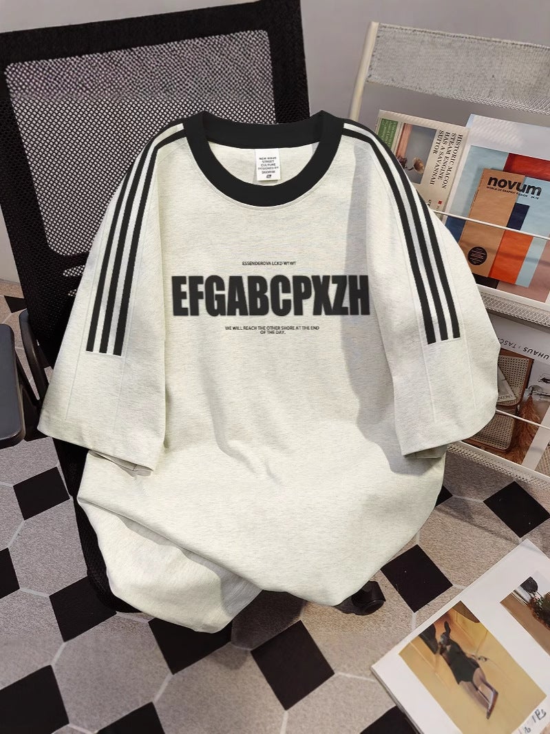 American Style Heavy Short-Sleeved T-Shirt For Boys 2025 Summer White Loose Half-Sleeved Trendy Three-Bar Rangeade Half-Sleeve - Image 2