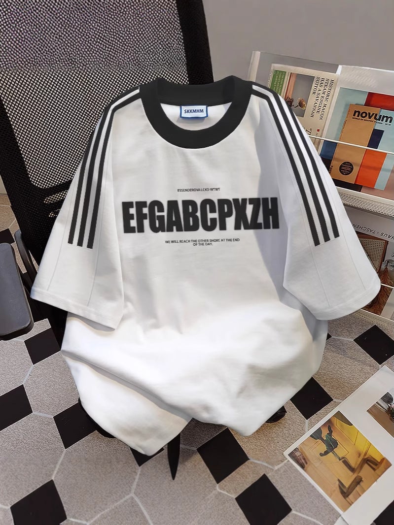 American Style Heavy Short-Sleeved T-Shirt For Boys 2025 Summer White Loose Half-Sleeved Trendy Three-Bar Rangeade Half-Sleeve - Image 3