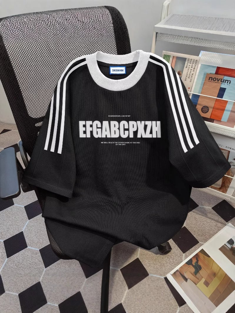 American Style Heavy Short-Sleeved T-Shirt For Boys 2025 Summer White Loose Half-Sleeved Trendy Three-Bar Rangeade Half-Sleeve - Image 4
