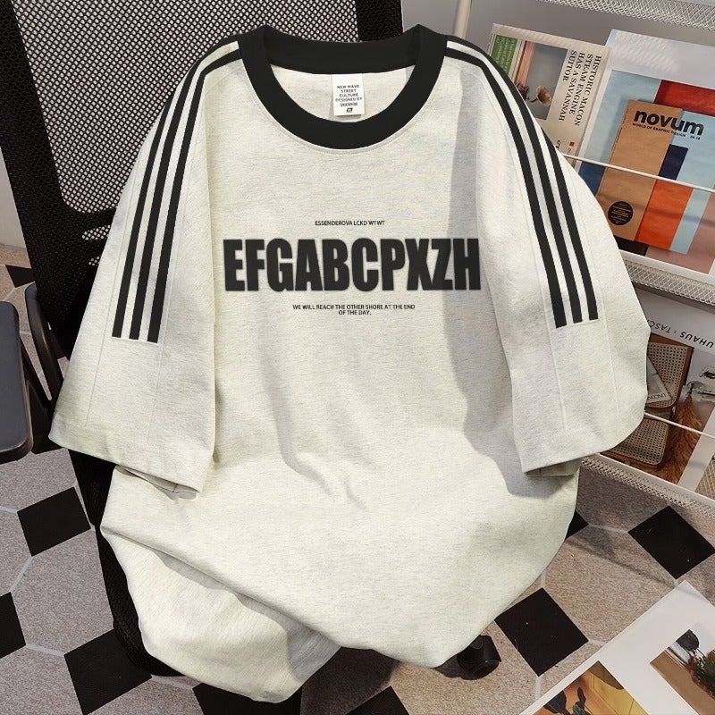 American Style Heavy Short-Sleeved T-Shirt For Boys 2025 Summer White Loose Half-Sleeved Trendy Three-Bar Rangeade Half-Sleeve - Image 1