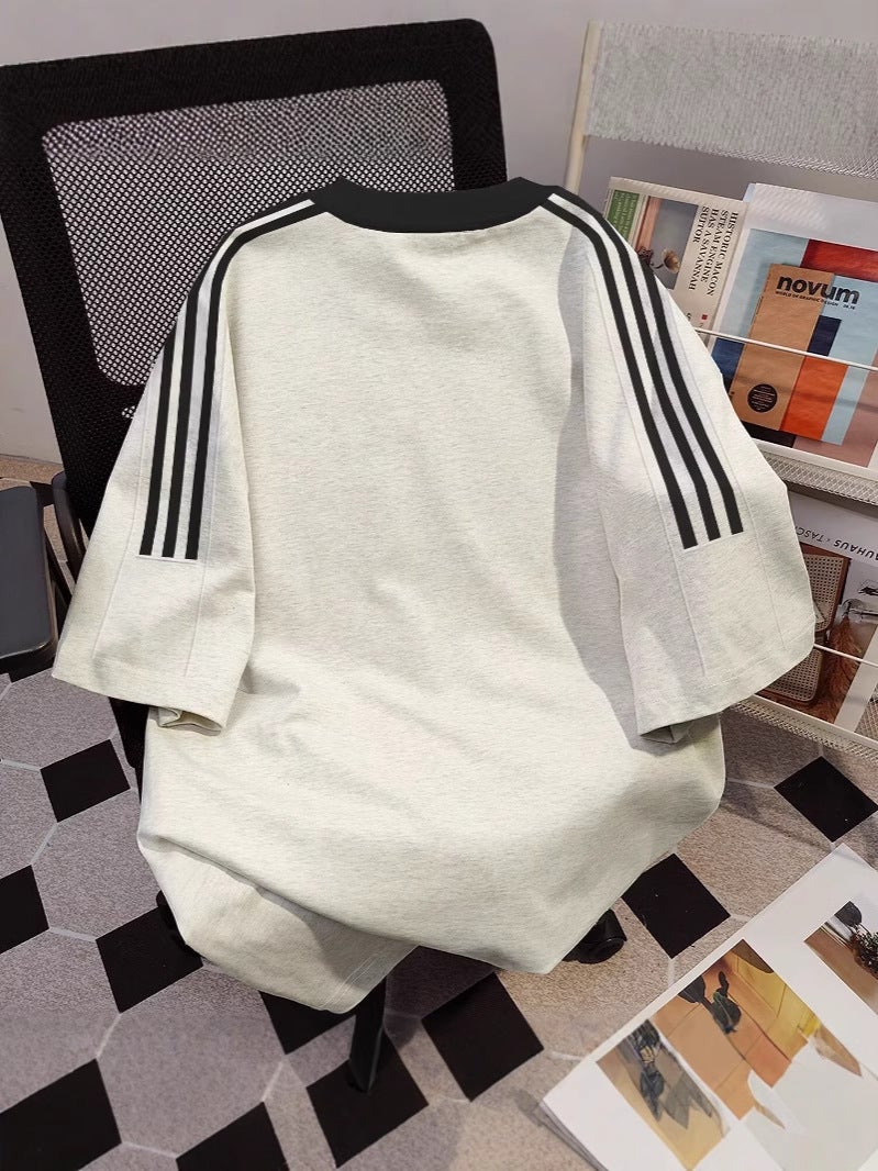 American Style Heavy Short-Sleeved T-Shirt For Boys 2025 Summer White Loose Half-Sleeved Trendy Three-Bar Rangeade Half-Sleeve - Image 5