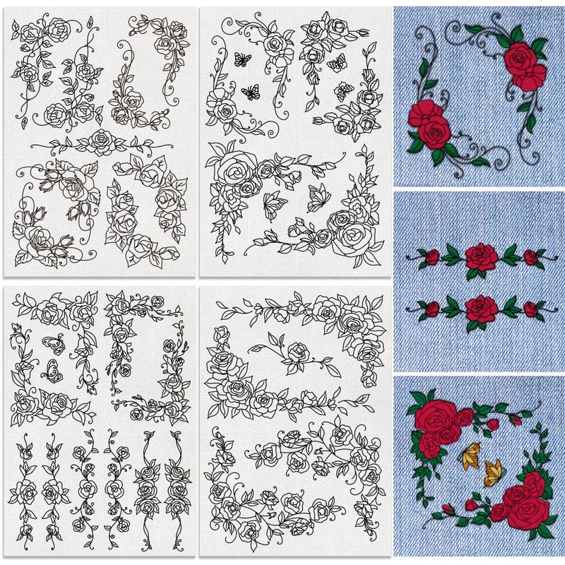 DOODLREAM 38Pcs Rose Lace 4 Sheets Water Soluble Embroidery Pattern Stabilizers, Stick and Stitch Embroidery Stickers, Hand Sewing DIY Rose Lace Embroidery Papers - Image 1