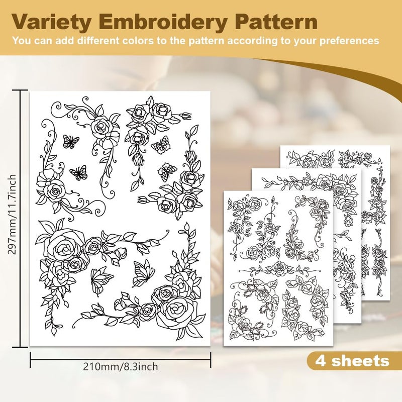 DOODLREAM 38Pcs Rose Lace 4 Sheets Water Soluble Embroidery Pattern Stabilizers, Stick and Stitch Embroidery Stickers, Hand Sewing DIY Rose Lace Embroidery Papers - Image 2