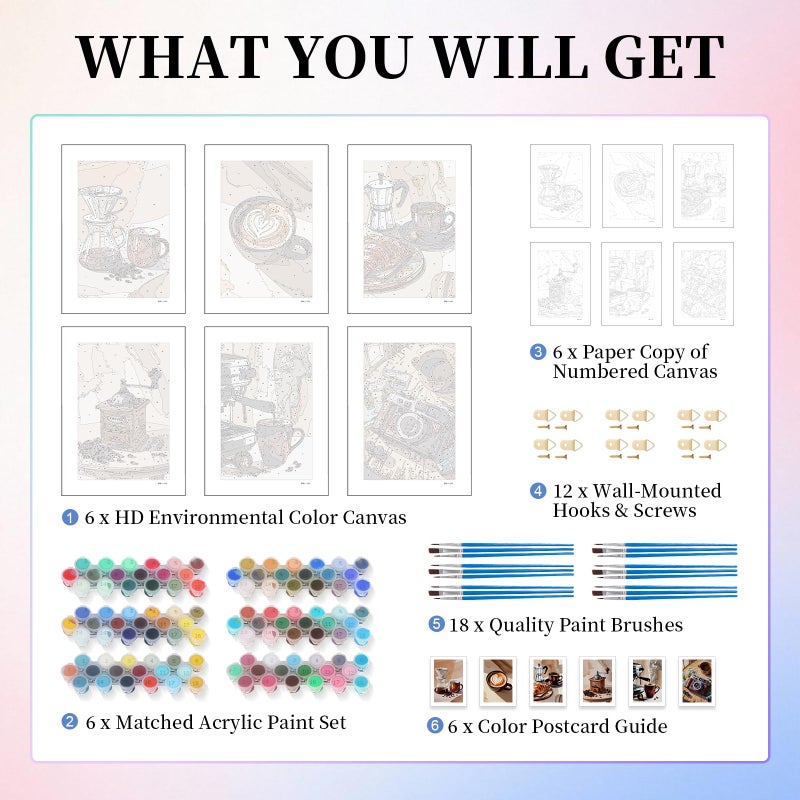 Camocin 6 Pack Paint by Numbers Kit for Adults, Coffee Adult Paint by Number Kits Without Frame for Beginner, Coffee Acrylic Oil Painting by Numbers Kits for Gift Home Wall Decor 8 x 12 Inch - Image 4