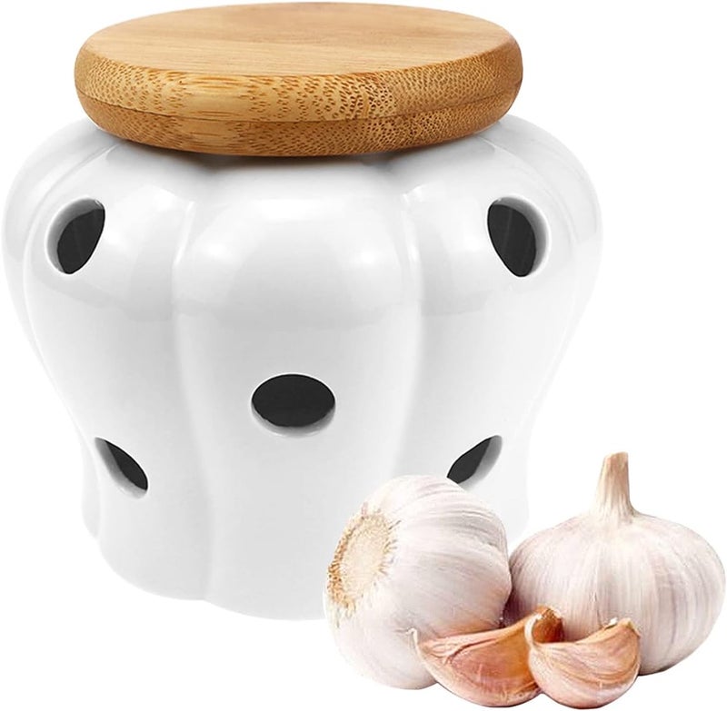 DOERDO DD DOERDO White Ceramic Garlic Keeper Jar Container for Food Storage with Lid, Garlic and Ginger Storage Container, 5.1" x 4.3" - Image 1