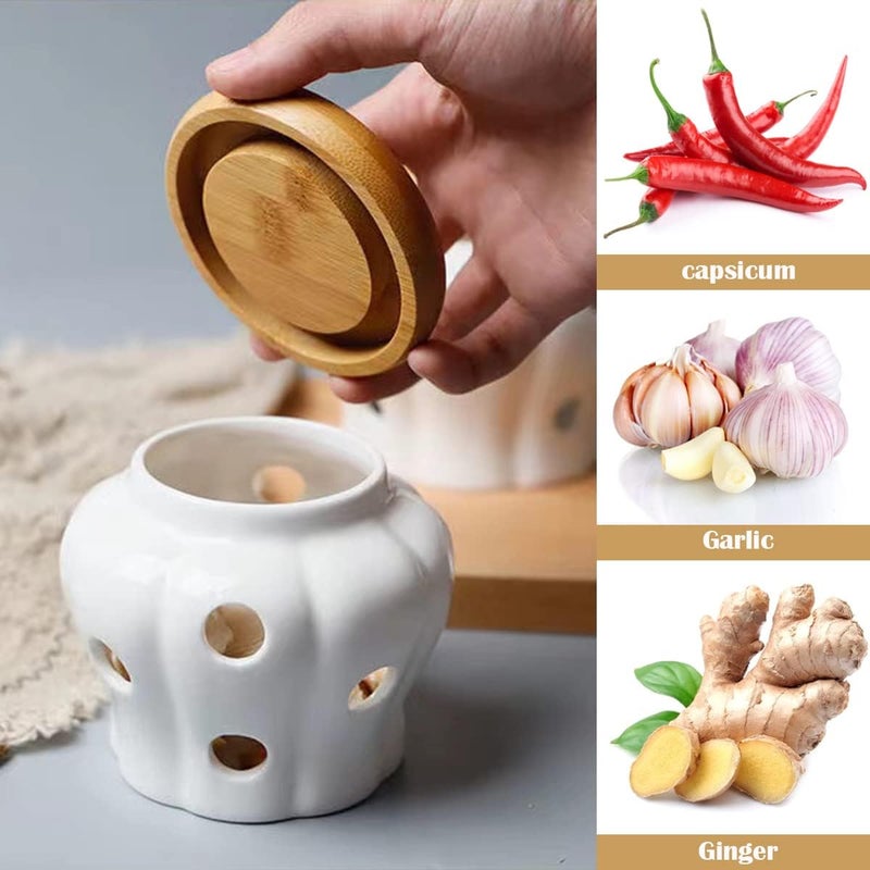 DOERDO DD DOERDO White Ceramic Garlic Keeper Jar Container for Food Storage with Lid, Garlic and Ginger Storage Container, 5.1" x 4.3" - Image 3