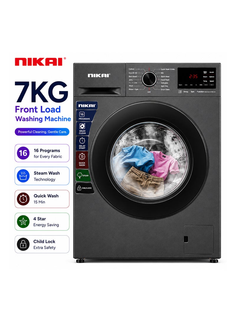 Nikai 7KG 16 Programs Front Load Washer, Steam Wash, 4 Star Energy Saving, Fully Automatic Washing Machine, Digital LCD Display, Child Lock, Automatic Balancing for Stable & Noise-Free Performance – 7 kg 137 kW NWM701FN9S Silver - Image 1