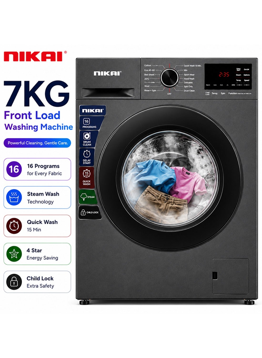 Nikai 7KG 16 Programs Front Load Washer, Steam Wash, 4 Star Energy Saving, Fully Automatic Washing Machine, Digital LCD Display, Child Lock, Automatic Balancing for Stable & Noise-Free Performance – 7 kg 137 kW NWM701FN9S Silver