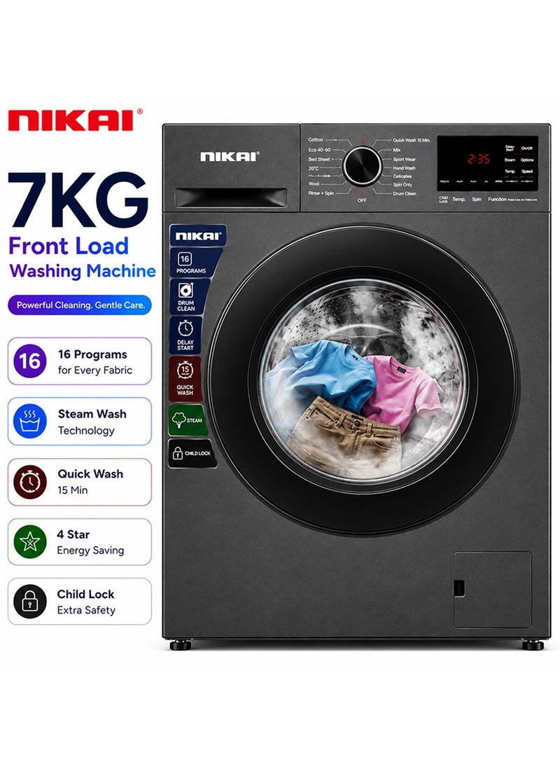 Nikai 7KG 16 Programs Front Load Washer, Steam Wash, 4 Star Energy Saving, Fully Automatic Washing Machine, Digital LCD Display, Child Lock, Automatic Balancing for Stable & Noise-Free Performance – 7 kg 137 kW NWM701FN9S Silver - Image 1