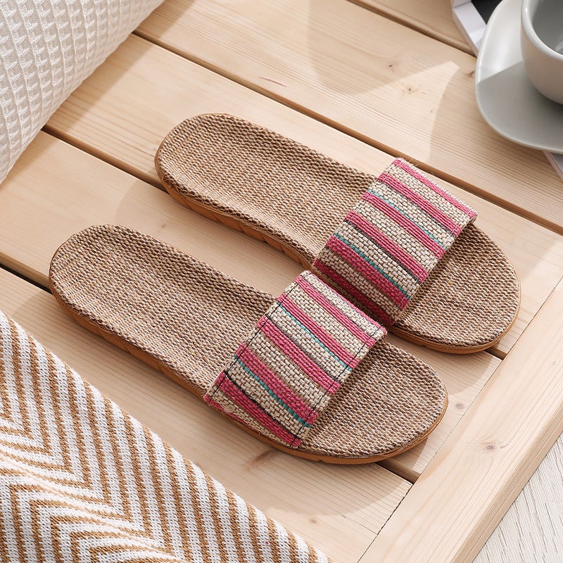 Spring and Summer Four Seasons Linen Slippers Womens Summer Indoor Thick Bottom Non-slip Couple Household Soft Bottom Sandals Slippers Mens Summer Rose red (rose red strip)
