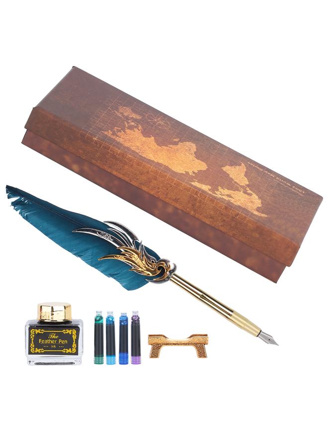 Feather Pen Calligraphy Writing Vintage Set Metal Retro Dip Quill Kit with Ink Sac SP270Navy Blue