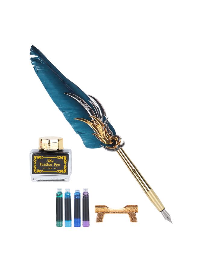 Feather Pen Calligraphy Writing Vintage Set Metal Retro Dip Quill Kit with Ink Sac SP270Navy Blue
