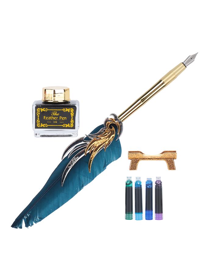 Feather Pen Calligraphy Writing Vintage Set Metal Retro Dip Quill Kit with Ink Sac SP270Navy Blue