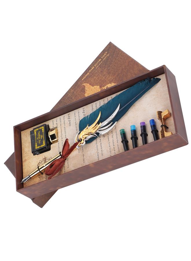 Feather Pen Calligraphy Writing Vintage Set Metal Retro Dip Quill Kit with Ink Sac SP270Navy Blue