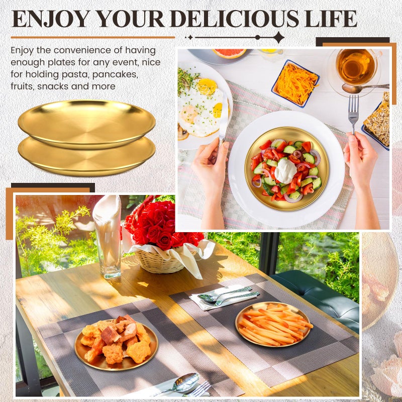 Nuogo 20 Pieces Stainless Steel Gold Plates 9 Inch Gold Dinner Plates Metal Serving Tray Dessert Dishes for Bbq, Salad, Snack, Desserts, Food Serving, Outdoor Camping - Image 4