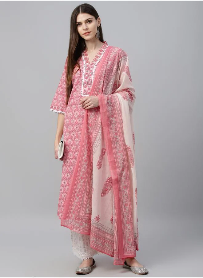 Libas Printed Straight Kurta and Palazzo Pants with Dupatta Set by Styli
