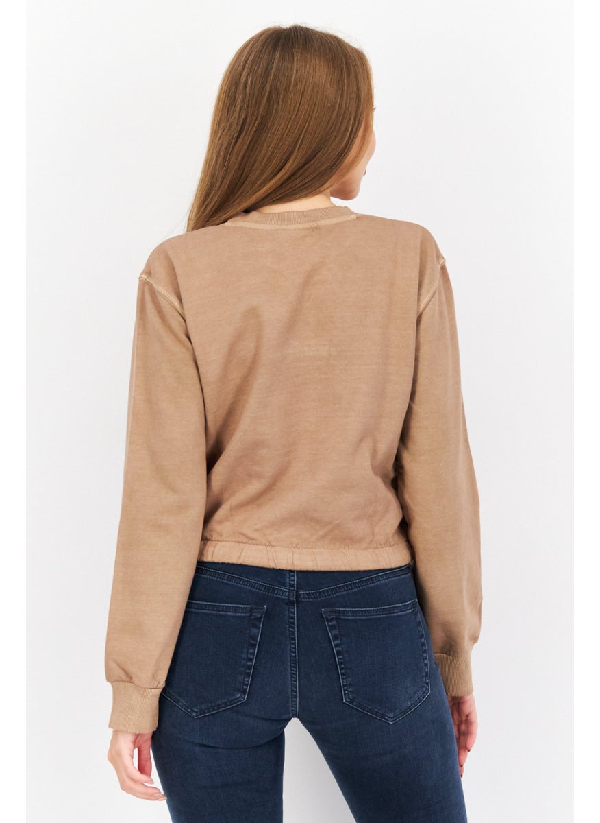 Ellesse Women Crew Neck Embroidered Logo Sweatshirt, Tan  - Image 2