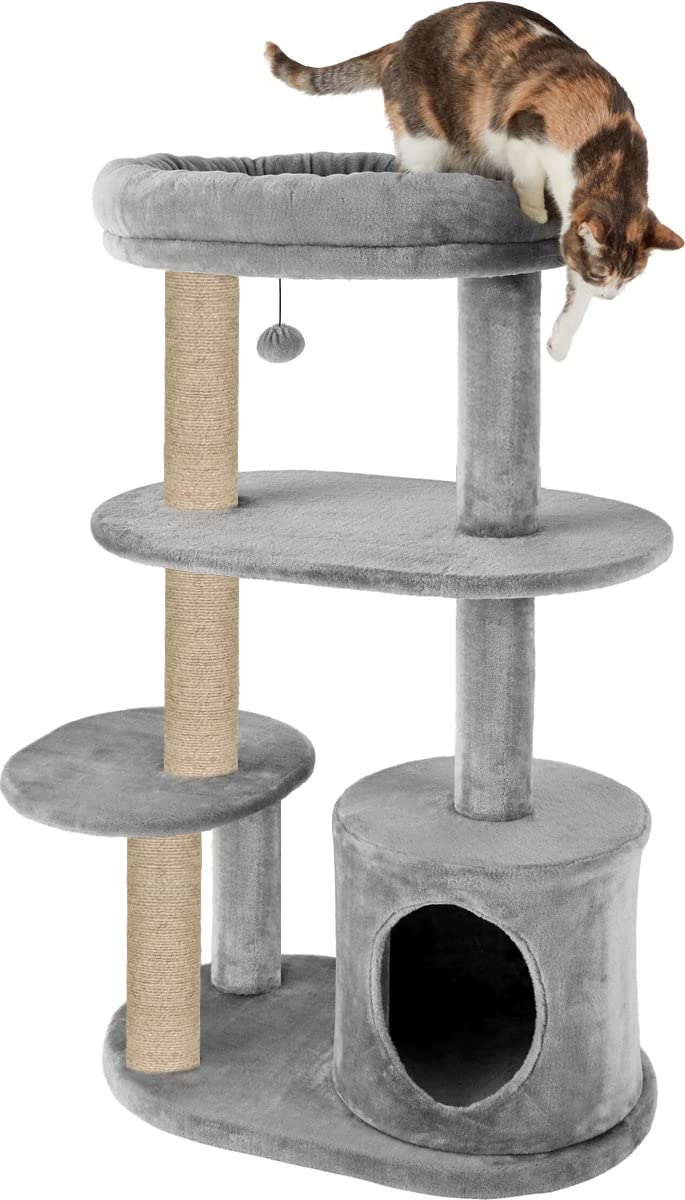 Mellifluous Condo Kitten Cat Tree - Top Perch | Playing Ball | Multiple Seats | Jute Rope Scratching Posts (19 x 16 x 43 Inches, Grey) - Image 1