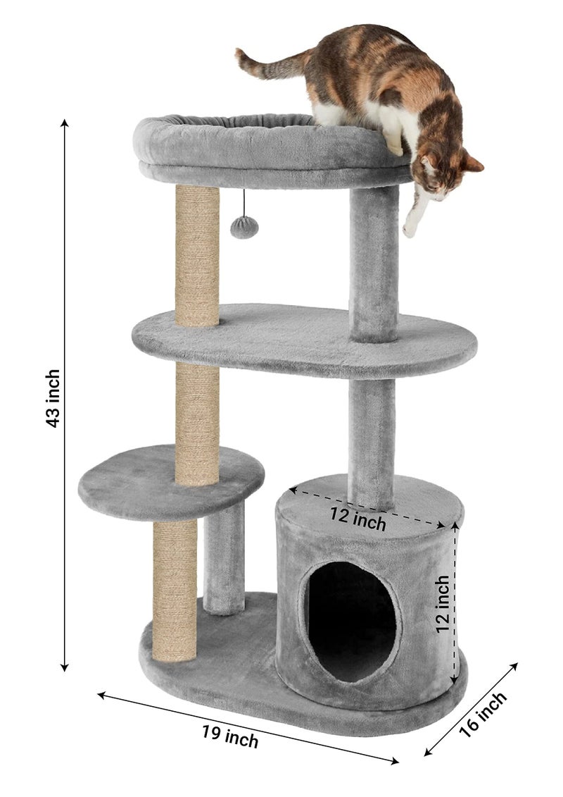 Mellifluous Condo Kitten Cat Tree - Top Perch | Playing Ball | Multiple Seats | Jute Rope Scratching Posts (19 x 16 x 43 Inches, Grey) - Image 3