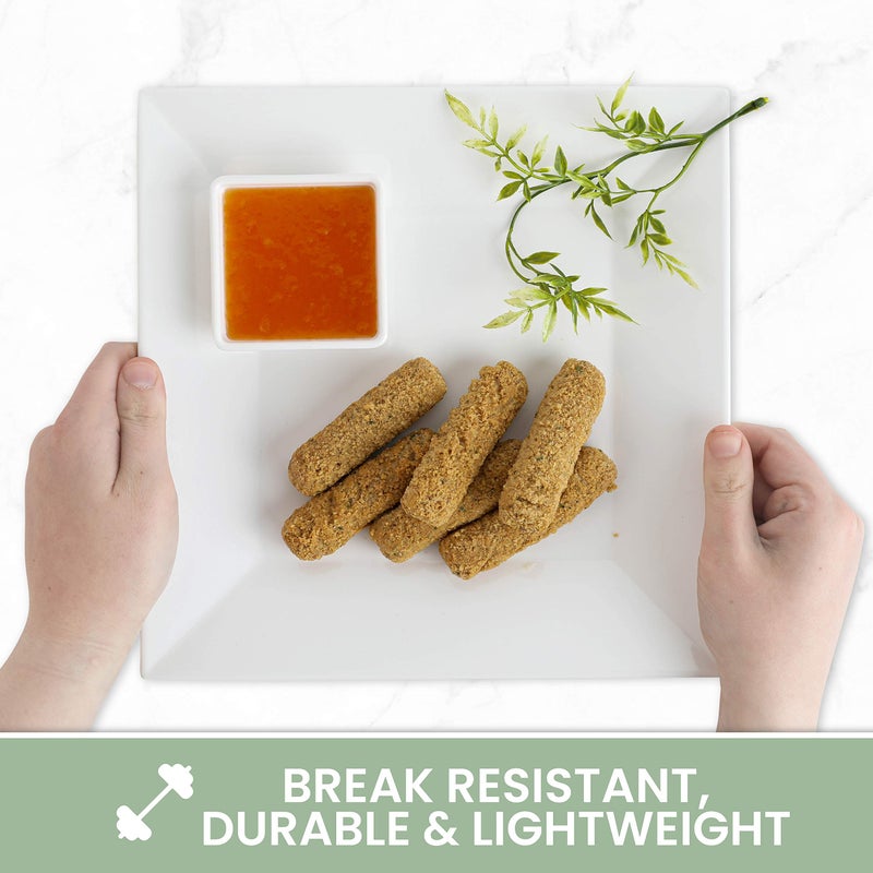 CHEFQ [4 Pack 10" x 10" White Square Melamine Plates, Unbreakable Elegant Dinnerware Set With Sauce Dish - Image 2