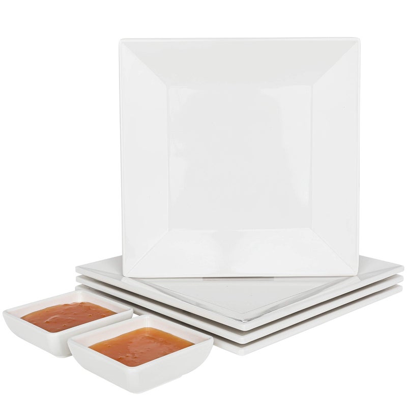 CHEFQ [4 Pack 10" x 10" White Square Melamine Plates, Unbreakable Elegant Dinnerware Set With Sauce Dish - Image 1