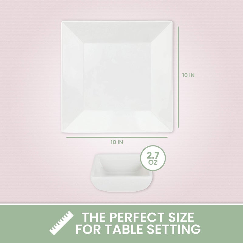 CHEFQ [4 Pack 10" x 10" White Square Melamine Plates, Unbreakable Elegant Dinnerware Set With Sauce Dish - Image 4