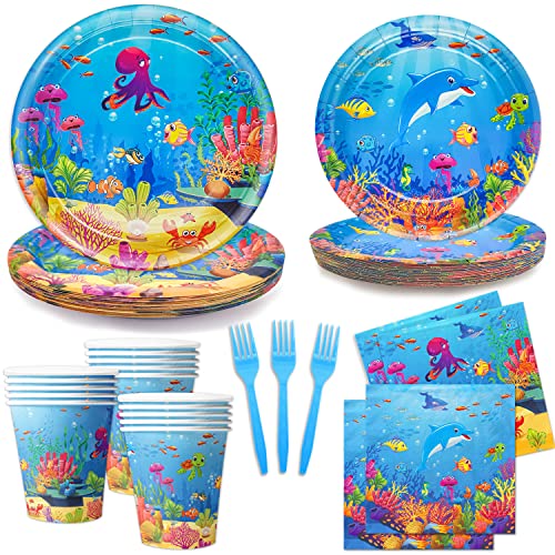 Oigco 120 Pcs Under the Sea Party Decorations Ocean Birthday Party Plates and Napkins Set Sea Animal Theme Tableware Set Underwater Creatures Table Decor Supplies Paper Plates Napkins Cups for 24 Guests - Image 1