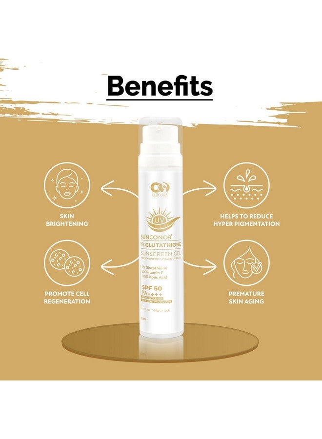 CO LUXURY 1% Glutathione & Kojic Acid Sunscreen Gel | SPF 50 PA++++ | Quick Absorbing, No White Cast, Lightweight Sun Protection for All Skin Types | 50g - Image 4