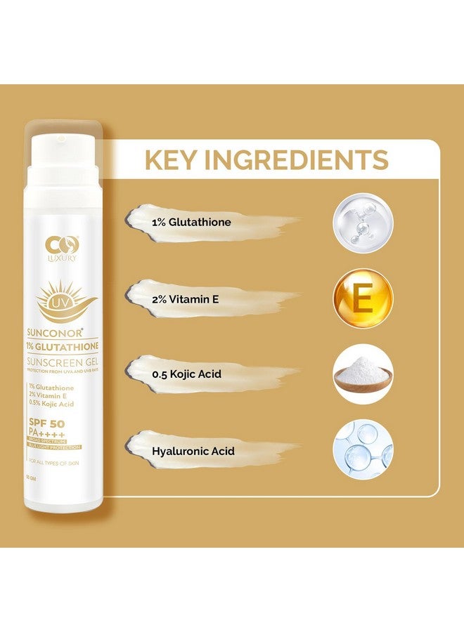 CO LUXURY 1% Glutathione & Kojic Acid Sunscreen Gel | SPF 50 PA++++ | Quick Absorbing, No White Cast, Lightweight Sun Protection for All Skin Types | 50g - Image 5