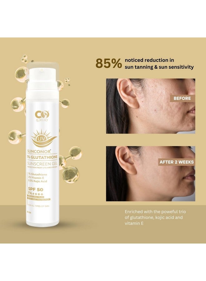 CO LUXURY 1% Glutathione & Kojic Acid Sunscreen Gel | SPF 50 PA++++ | Quick Absorbing, No White Cast, Lightweight Sun Protection for All Skin Types | 50g - Image 2