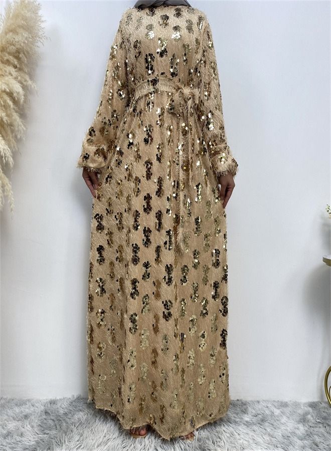 Loquat Sequin Fringed Round Neck Dress Beige  - Image 1