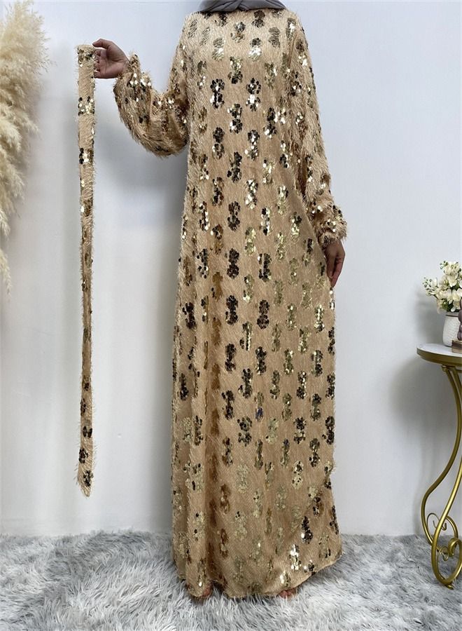 Loquat Sequin Fringed Round Neck Dress Beige  - Image 2