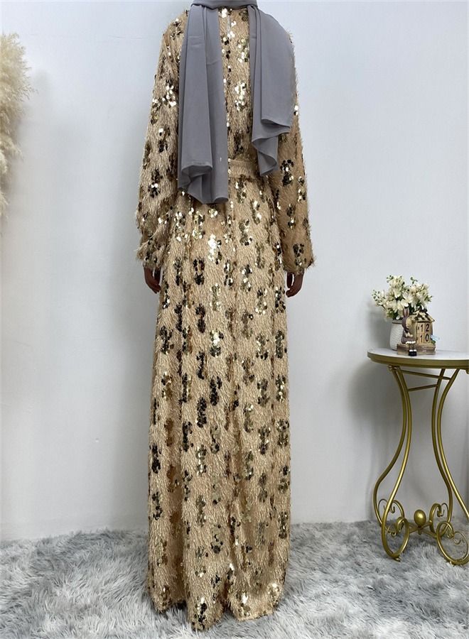 Loquat Sequin Fringed Round Neck Dress Beige  - Image 4