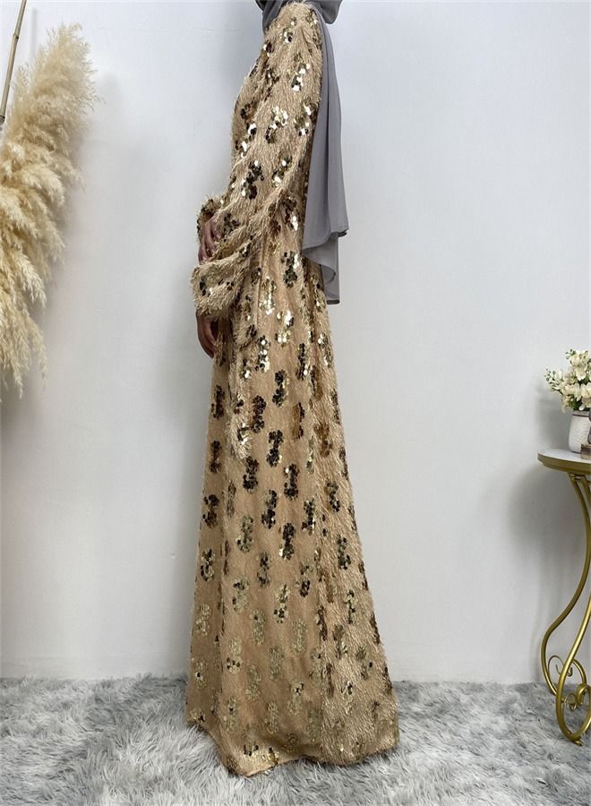 Loquat Sequin Fringed Round Neck Dress Beige  - Image 3
