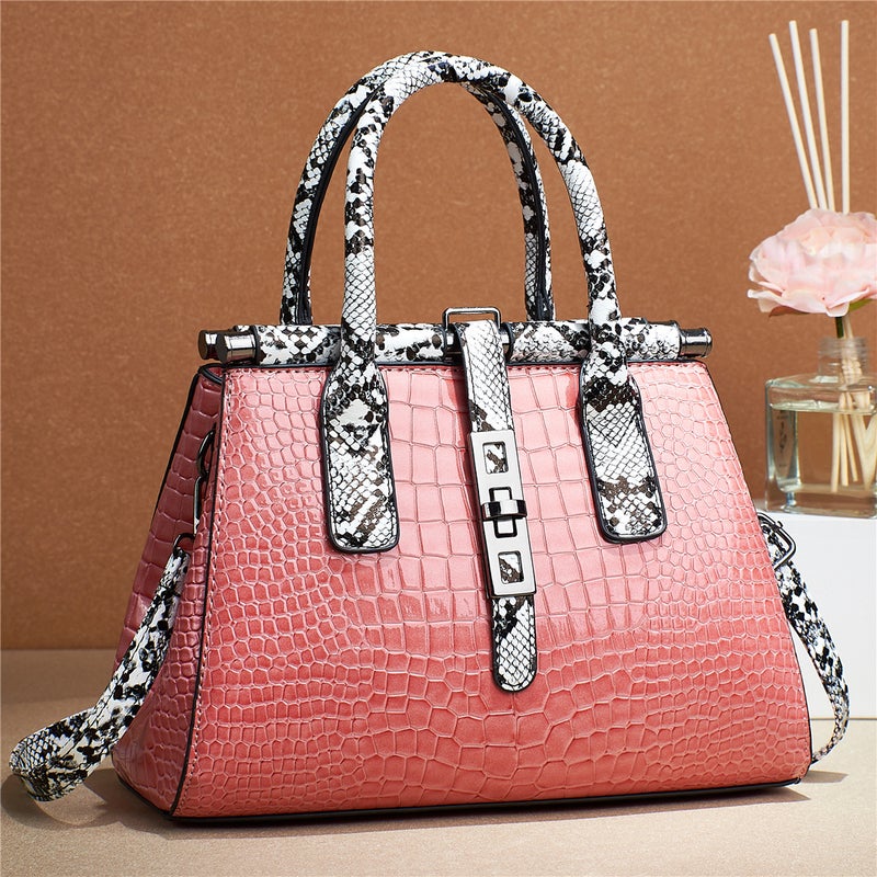 New Contrast Color Snake Pattern Portable Stone Pattern High Quality Large Capacity Special Shoulder Portable Textured Women'S Bag - Image 3