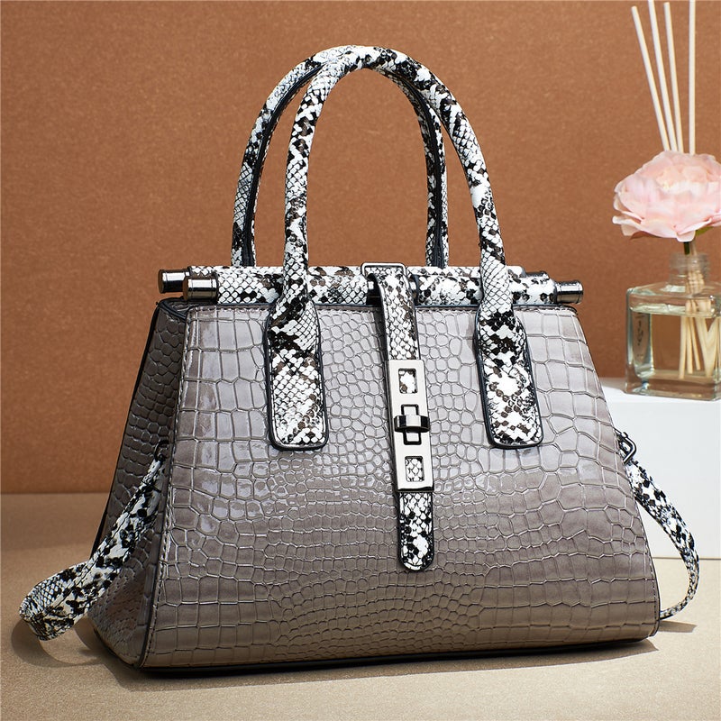 New Contrast Color Snake Pattern Portable Stone Pattern High Quality Large Capacity Special Shoulder Portable Textured Women'S Bag - Image 1