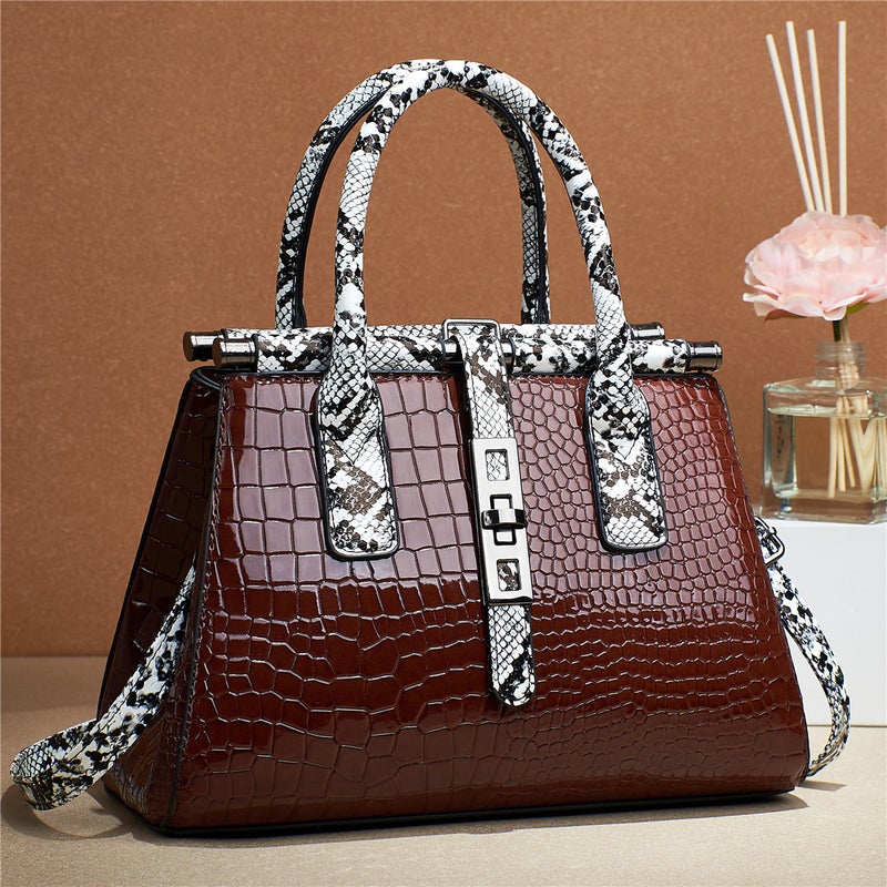 New Contrast Color Snake Pattern Portable Stone Pattern High Quality Large Capacity Special Shoulder Portable Textured Women'S Bag - Image 2