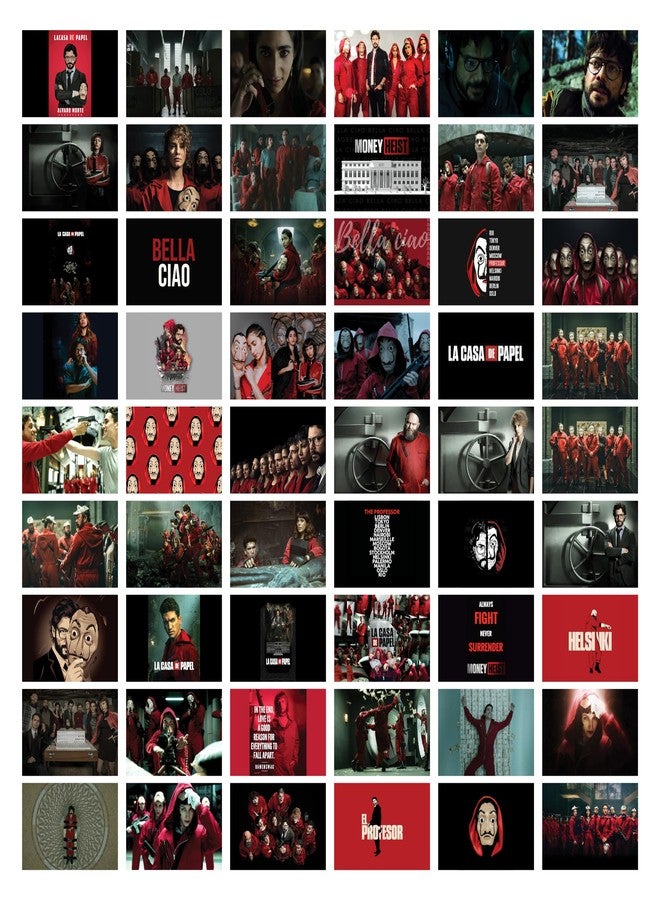 D2C Money Heist Posters - 54 Pc 4x6 Inch Prints Collage Kit | Wall Transformation for Dorm, Bedroom, Living Room, Office | Enchanting Photo Display with Glitter lamination | Glue Dots Included - Image 1