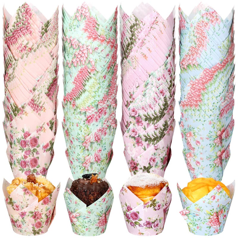 400 Pcs Floral Baking Cups Paper Cupcake Liners Muffin Liners Watercolor Flower Cupcake Wrappers for Tea Party Wedding Birthday Baby Shower Decorations