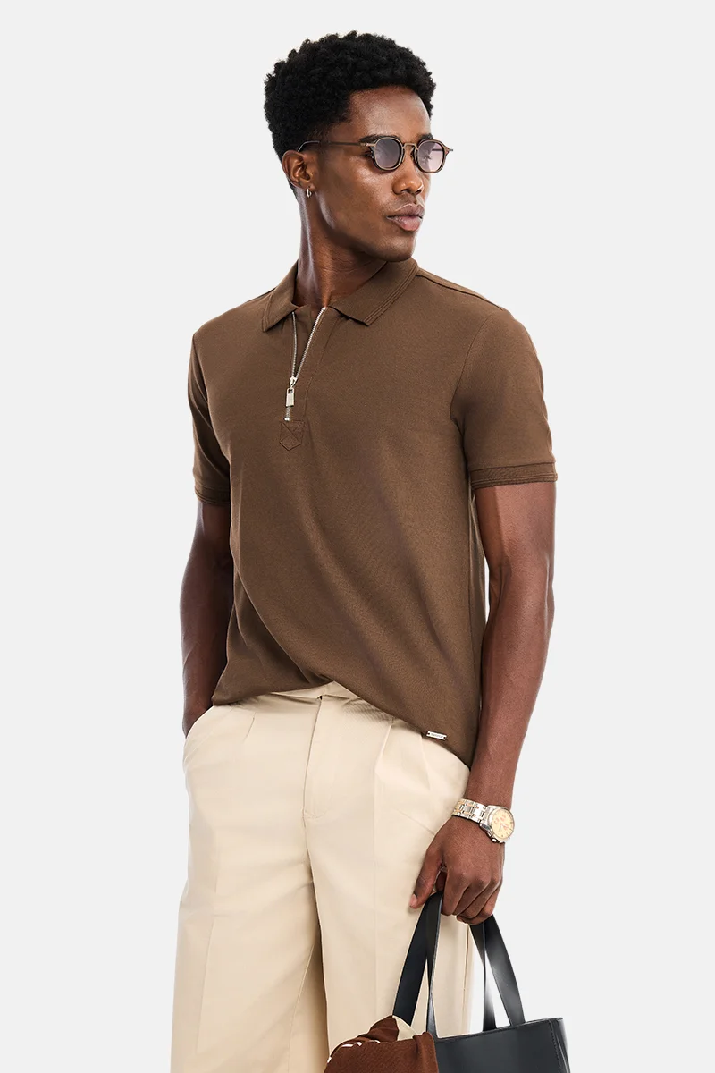 سنيتش Brown Textured Half Sleeve Regular Fit Casual T-Shirt