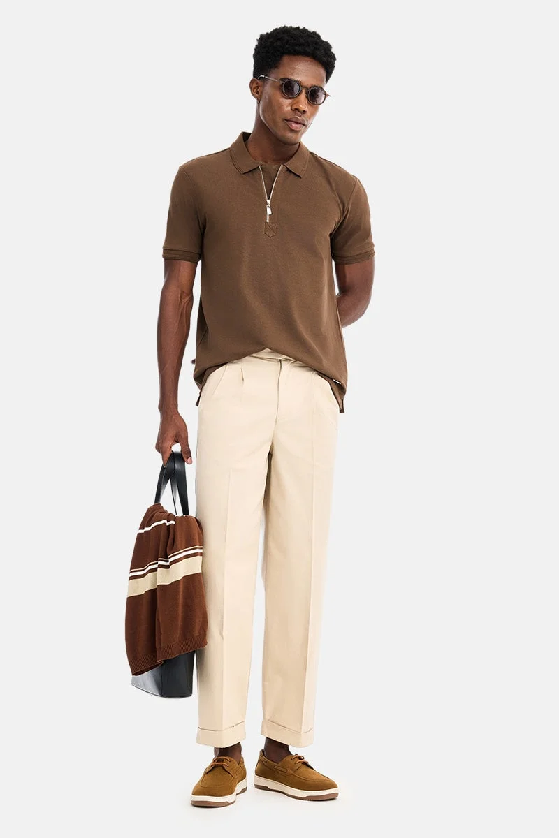 SNITCH Brown Textured Half Sleeve Regular Fit Casual T-Shirt