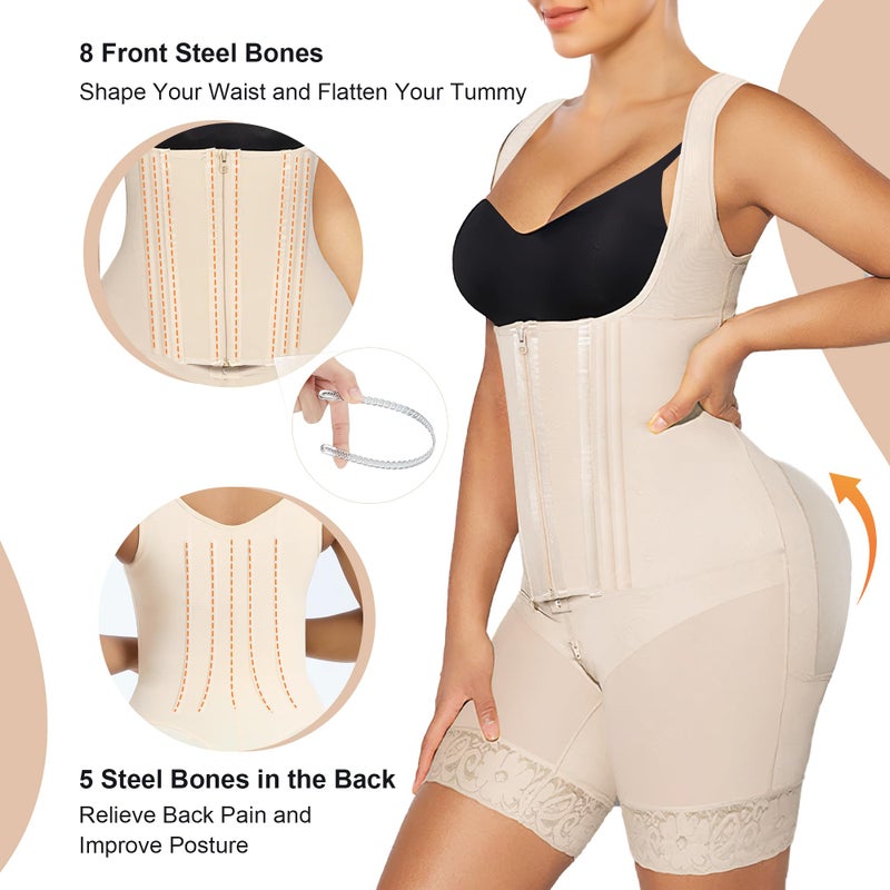 SHAPERX Fajas Colombianas Shapewear for Women Tummy Control Body Shaper Postpartum Hip Enhancer with Zipper and Hooks,SZ7307-Beige-2XL - Image 4