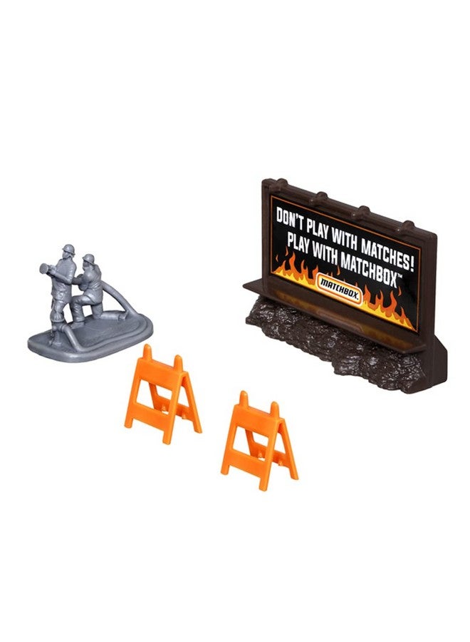 Matchbox Hitch & Haul Die-cast Vehicle Playset - Fire Rescue ~ 6 Piece Set ~ Hazmat Response Truck and Ambulance ~ Includes Firefighters, Billboard Sign and 2 Safety Barriers - Image 4