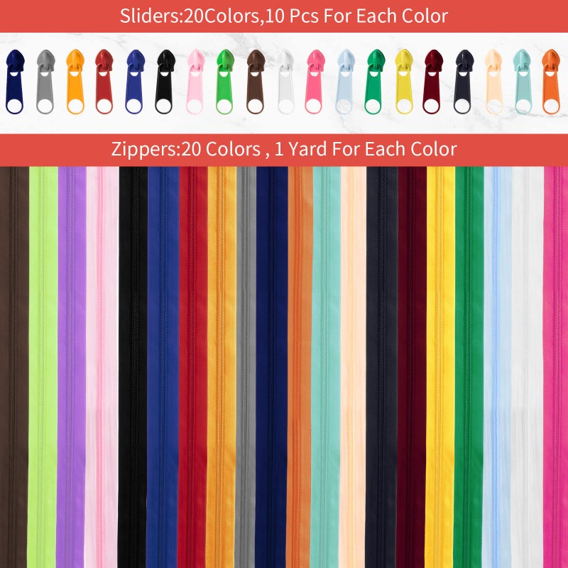 WILLBOND 60 Yards 20 Pcs Sewing Zippers Bulk #5 Nylon Coil Zippers 20 Color Assorted Zipper for Sewing with 200 Zipper Sliders for DIY Tailor Bags Purses Crafts Supplies(Various Color) - Image 2
